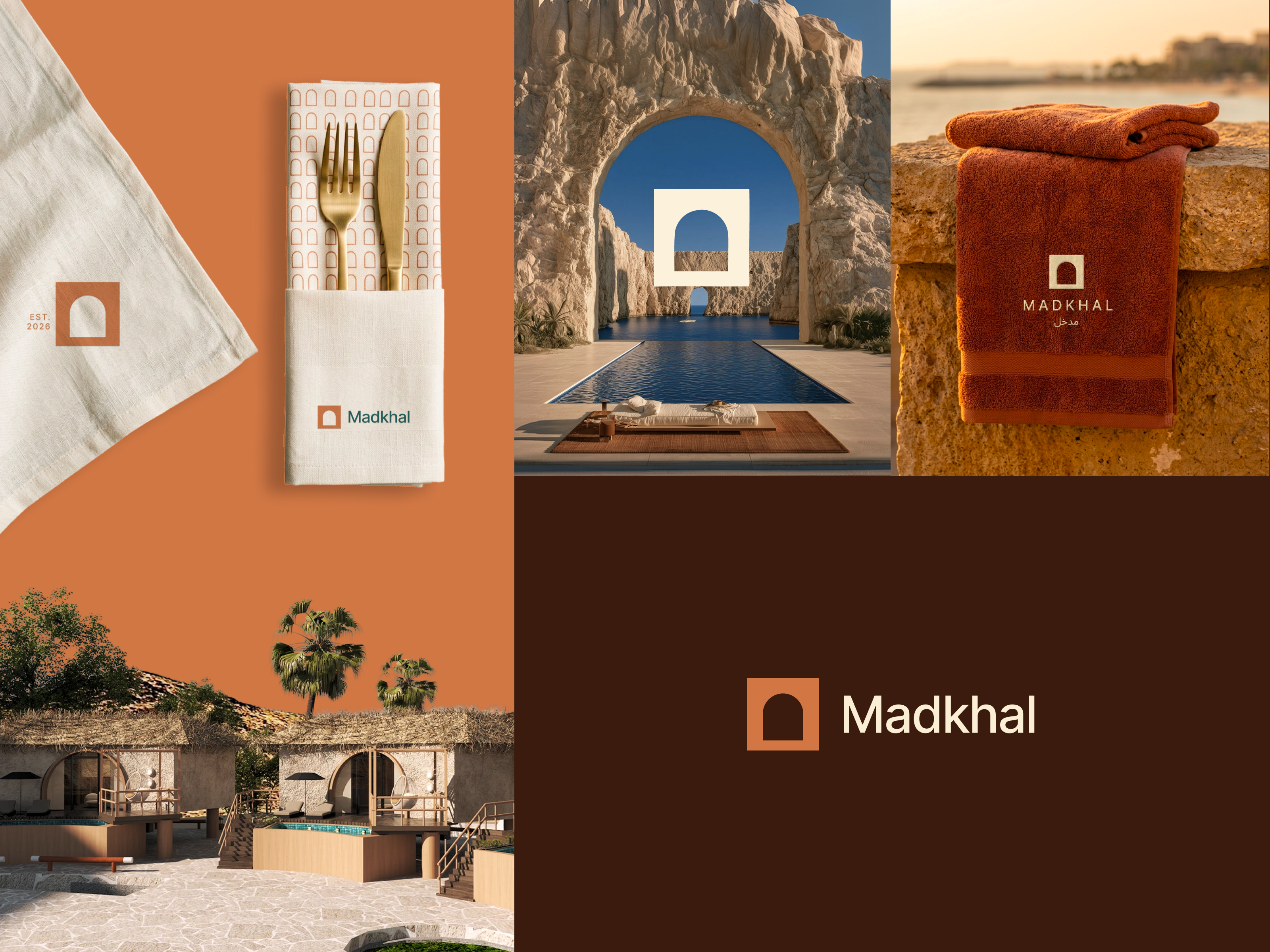 Madkhal – Resort Brand Identity, Dining & Spa Applications arab branding brand guidelines brand identity design branding gcc branding hospitality brand identity logo logo designer luxury travel design packaging design resort branding resort visual identity restaurant branding uae branding uae resort branding
