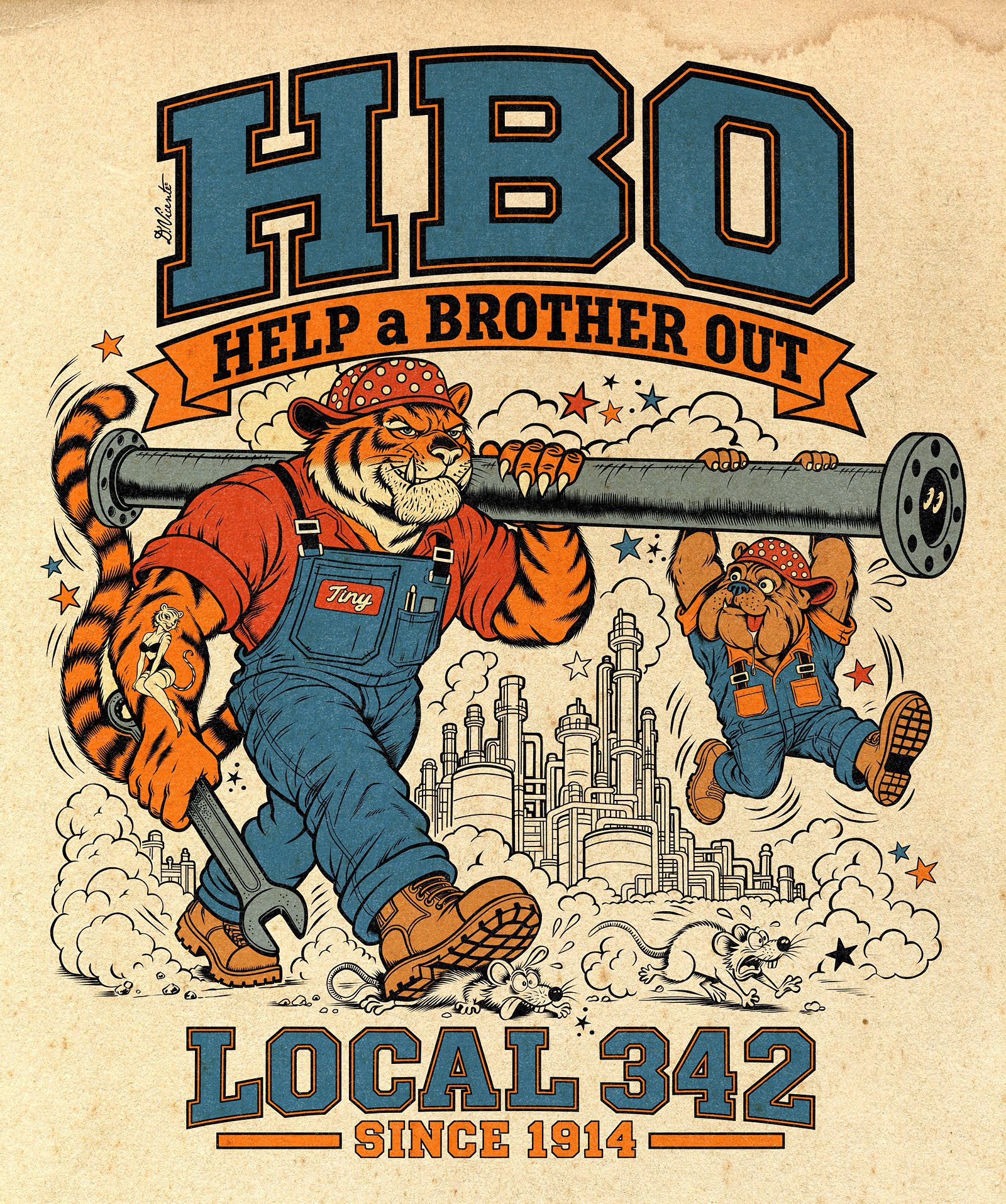 HBO – HELP A BROTHER OUT american vintage blue collar bulldog cartoon tiger character design distressed texture hbo help a brother out illustration industrial art lettering local 342 mascot design old school tattoo pipefitter retro illustration tiger mascot vintage cartoon vintage typography workwear