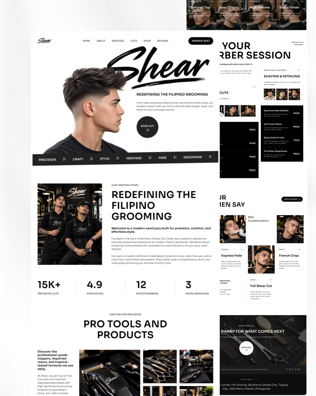 Shear Barbershop Men's Haircuts & Fades in Philippines — Premium barbershop cleanui designsystem figma grooming interface landingpage metromanila minimalism modernui productdesign saasui uidesign uiux userexperience userinterface uxdesign visualdesign webdesign webdesigner
