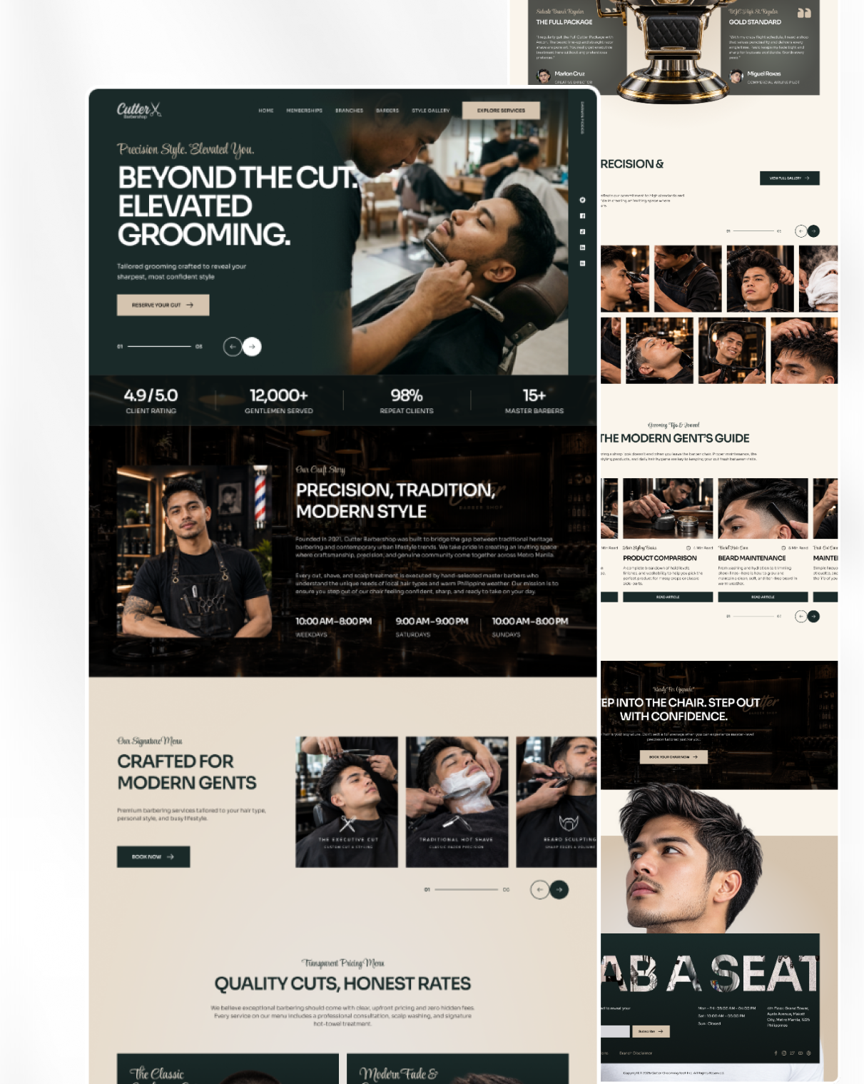 Cutter Barbershop Premier Men's Grooming in Philippines — Luxury barbershop cleanui designsystem figma grooming interface landingpage mensstyle minimalism modernui philippines productdesign uidesign uiux userexperience userinterface uxdesign visualdesign webdesign webdesigner