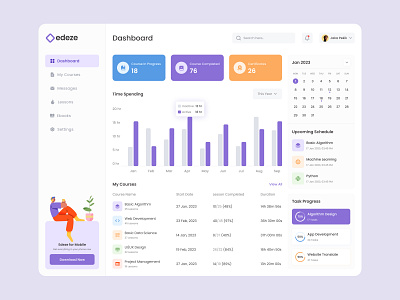 e-learning dashboard Design bar chat branding calendar clean course dailyui dashboard design education elearning graphs ios app landing page lms trendy ui user interface ux webapp website