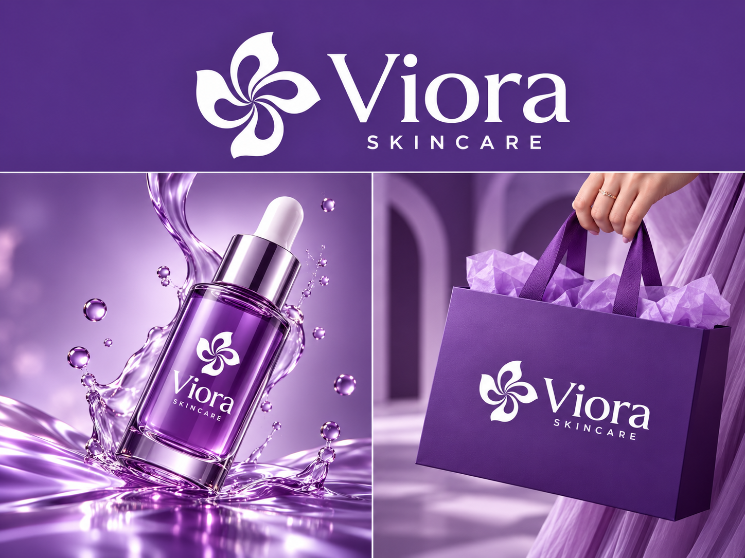 Viora Skincare | Premium Purple Floral Logo Design beauty packaging mockup cosmetic packaging
