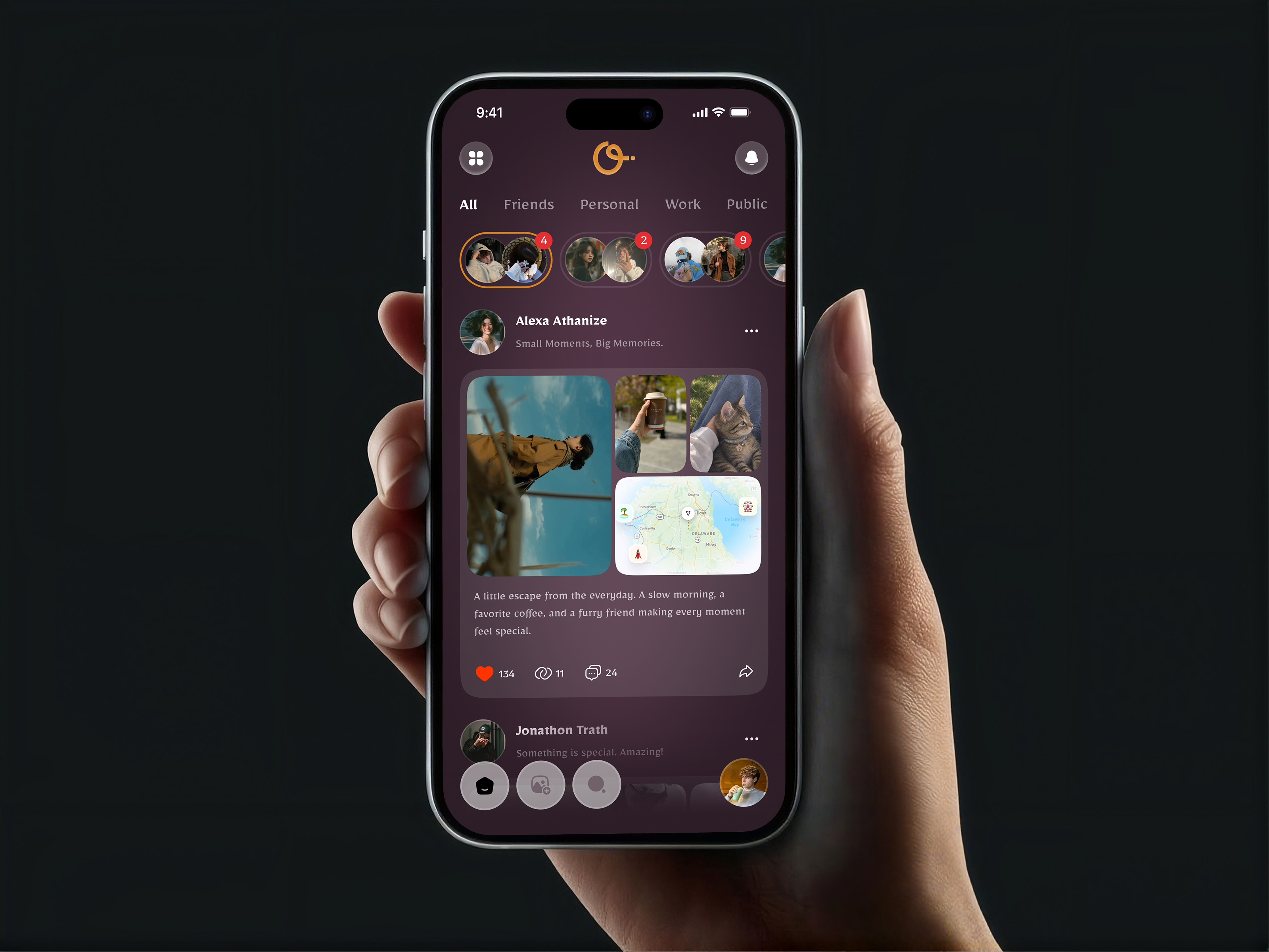 Memory Sharing App UI | Social Media App Design app design dark ui interaction design ios app memory sharing mobile app mobile ui product design social app social media ui design ux design