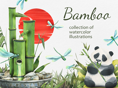 Bamboo bamboo blue china collection dragonfly east flowers grace green illustration oriental panda red set spring sun watercolor