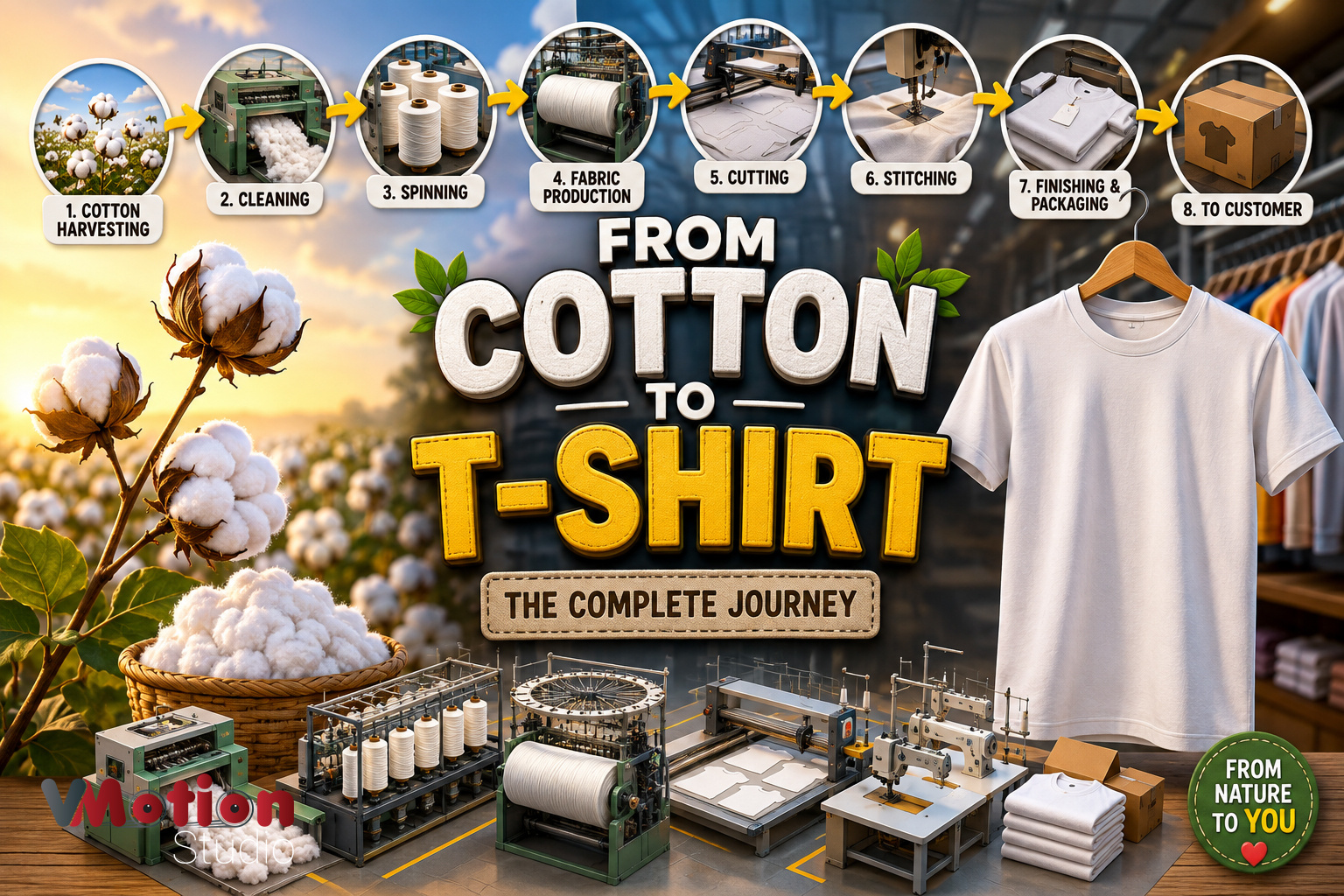 Cotton to T Shirt Manufacturing Process Animation Video 3d animation ai animation ai video cartoon animation creative studio explainer video manufacturing motion design product animation product visualization textile visual storytelling