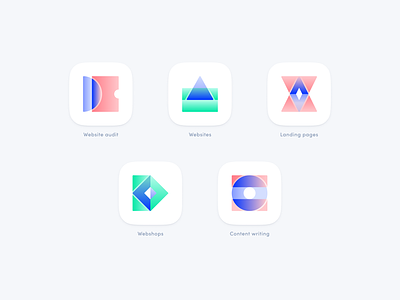 Icons for online agency services brand identity branding color corporate identity geometry gradient graphic design hologram icon icon design iconography icons illustration modern ui user interface ux vector vector design web