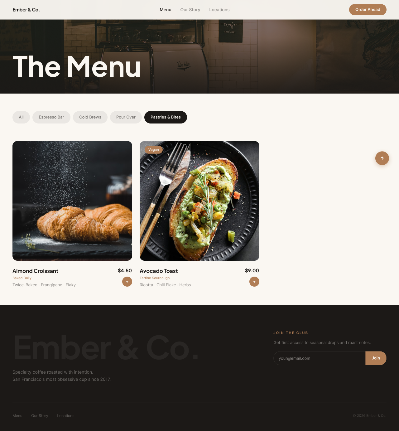 Pastries & Bites animation branding coffeeshopdesign ecommerceui emberco. graphic design ui uiux design ux webdesign