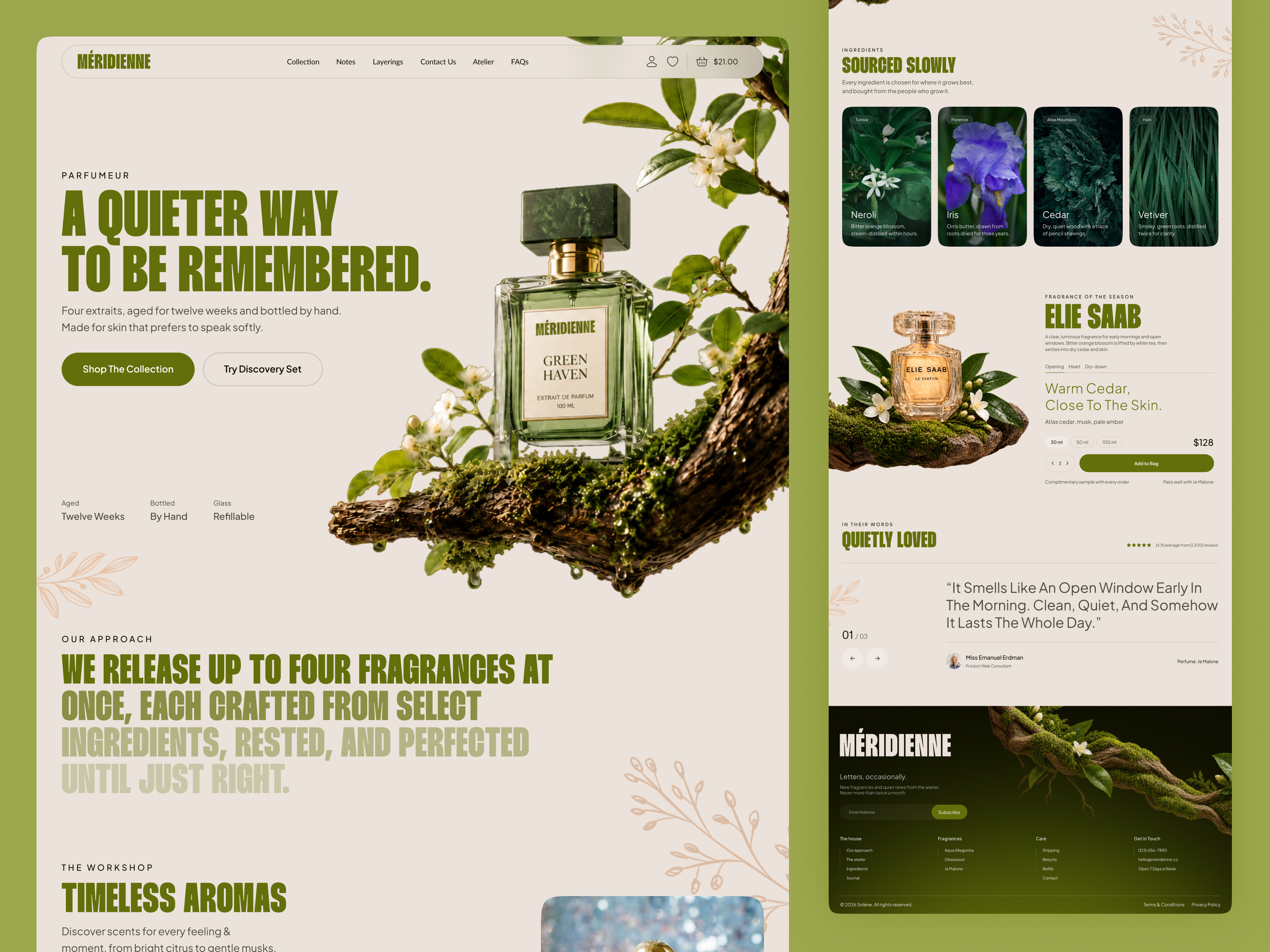 Méridienne - Calm Luxury Perfume Landing Page beautybrand botanical brandidentity ecommerce figma fragrance homepagedesign landing page landingpage luxury luxurybrand minimaldesign naturalbeauty perfume productdesign shopifydesign ui uiux uiux design webdesign