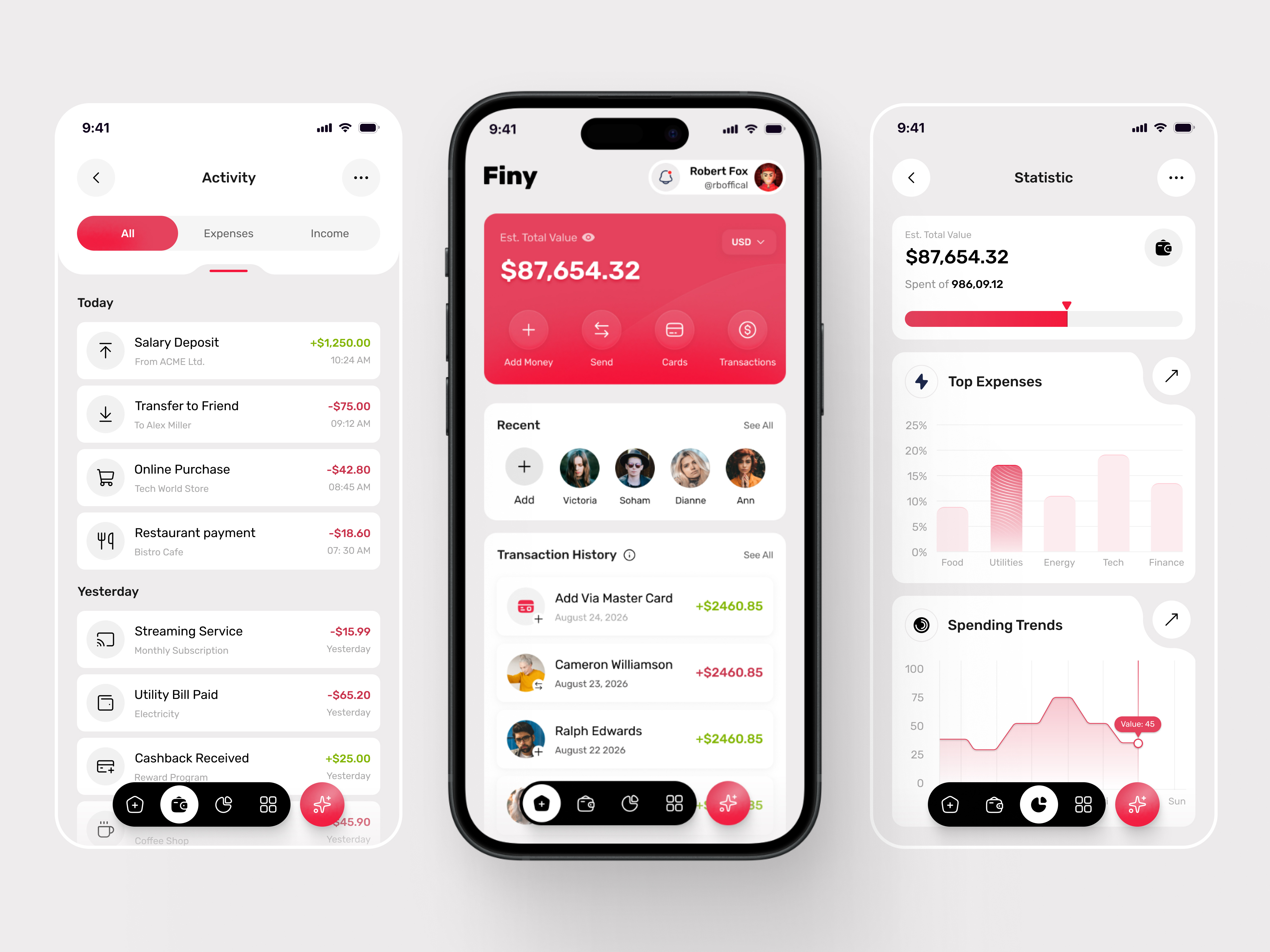 Finy — Premium Finance & Expense Tracker App UI Design analyticsui appdesign appui bankingapp dailyui dashboardui datavisualization figmadesign financeapp fintech mobileapp mobileui productdesign redui uidesign uiux userinterface uxdesign visualdesign walletapp