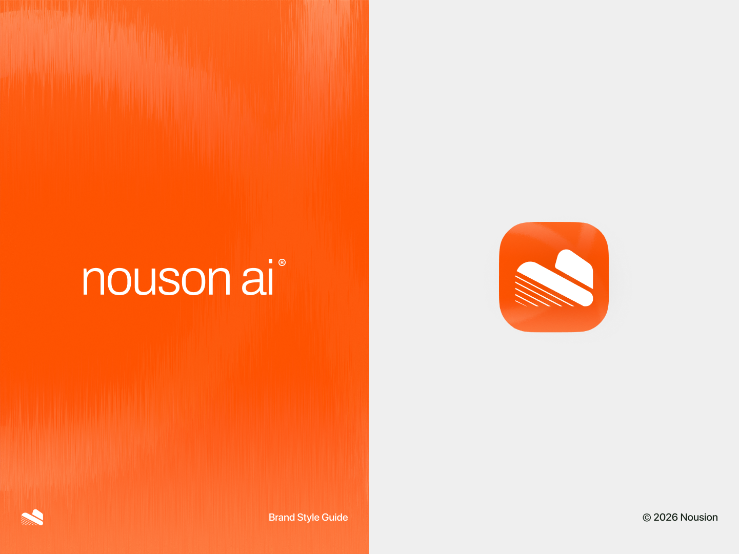 Nouson — Artificial Intelligence Brand Identity ai app icon artificial intelligence brand identity branding graphic design icon design logo logomark minimal modern logo orange style guide tech branding visual identity wordmark