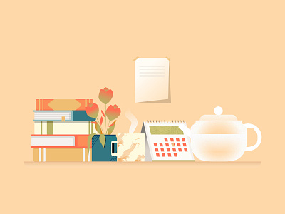 Still Life With Books books calendar cup flower illustration teapot vector