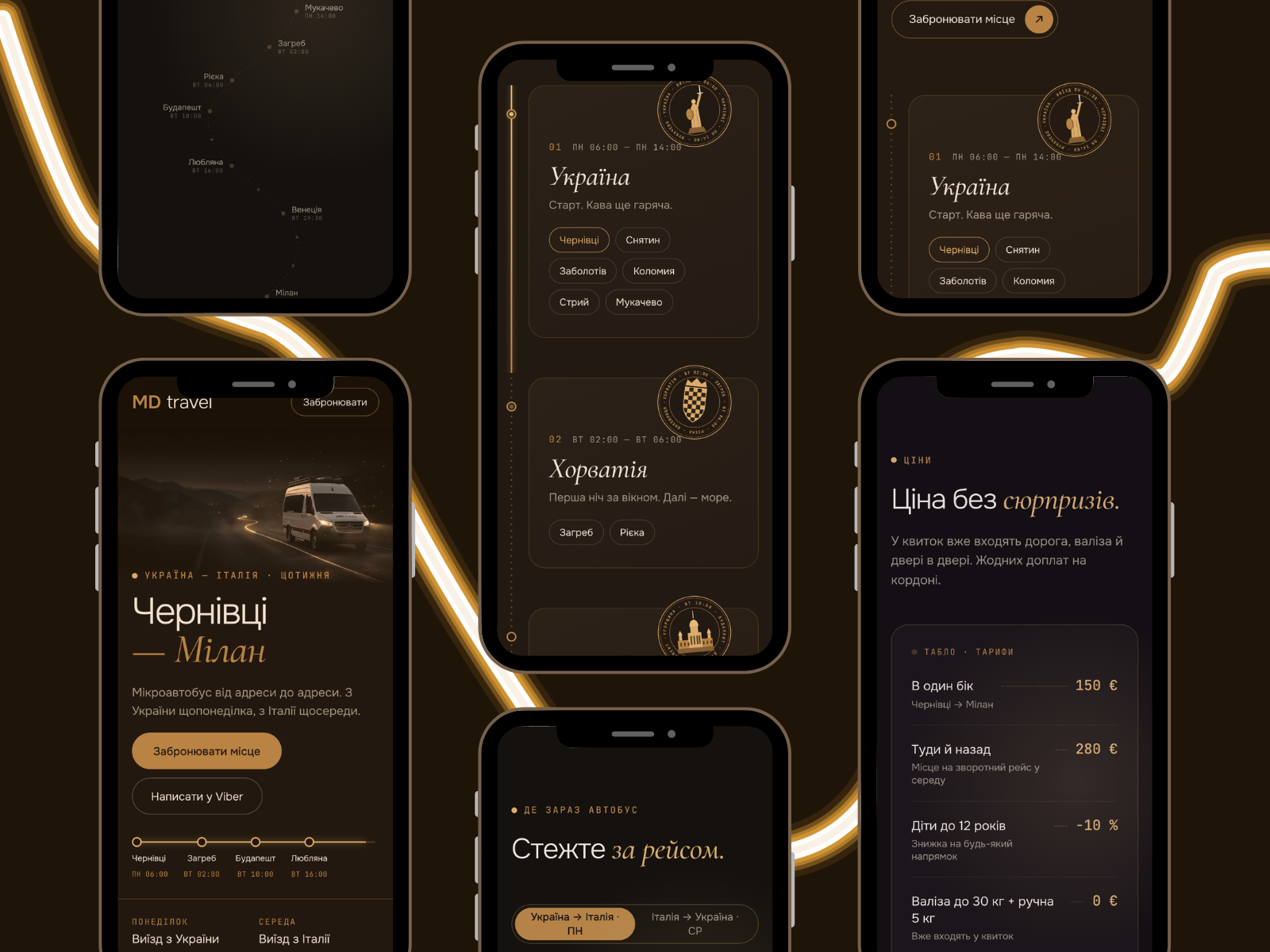 MD Travel: landing page for a Ukraine–Italy minibus line booking branding case study concept dark mode dark ui editorial figma gold italy landing page mobile design responsive transport travel ui design ukraine ux design web design website