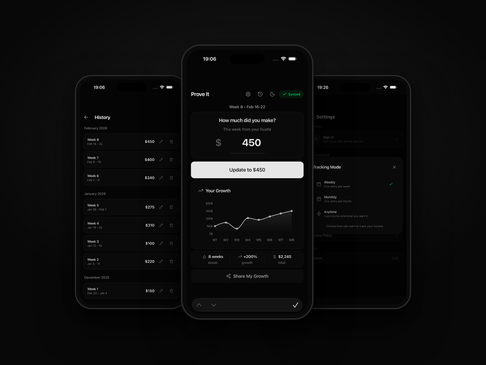 Prove It · Side Hustle Income Tracker app design dark mode dashboard data visualization fintech income tracker ios ios app mobile app mobile ui product design side hustle ui ui design ux ux design web app