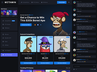 MetaWin NFT Platform app branding cards casino chat crypto dark dark mode dark ui dashboard ethereum gambling game gaming marketplace nft platform ui ux web3