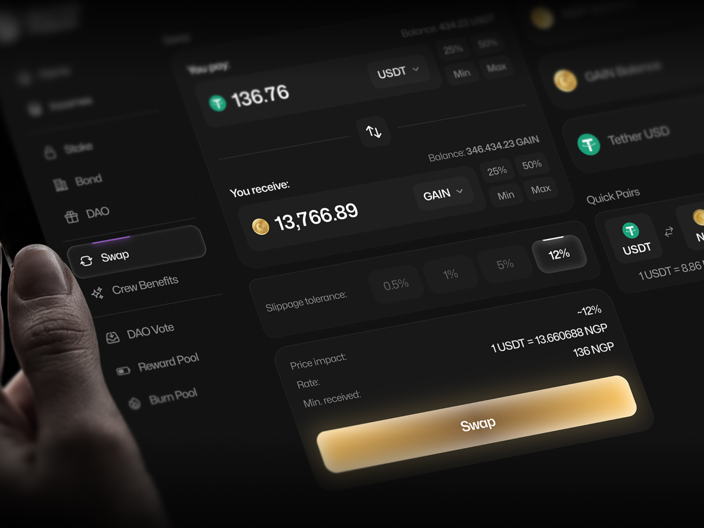 NGP — DeFi dApp: Staking, Bonds, Swap & DAO bonds branding crypto crypto dashboard dao dao voting dapp dark ui defi defi dashboard fintech product design staking token swap ui ux web app web3