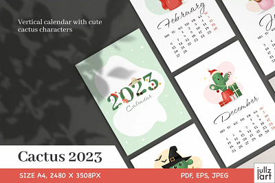 Cute cactus 2023 calendar, printable PDF 2023 bundle calendar collection colorful illustration pdf set vertical