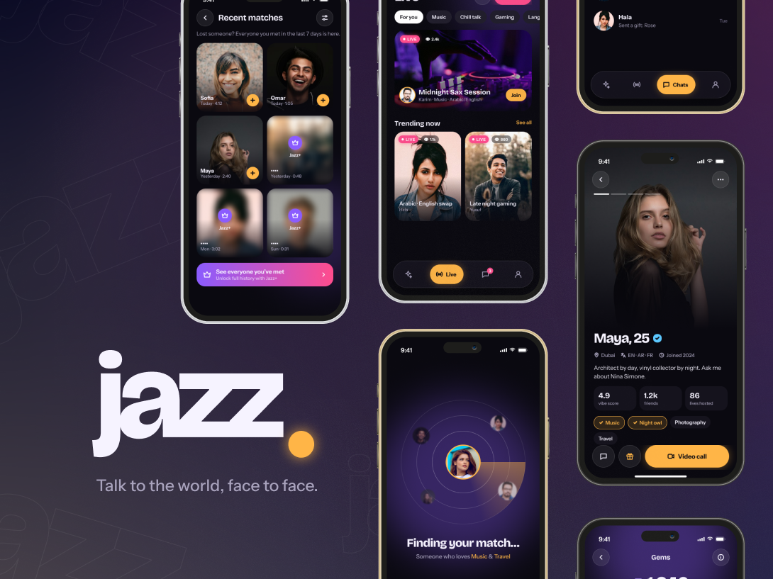 Jazz — Social Discovery & Live Video Streaming App UI/UX Design appdesign bentogrid darkmode figma glassmorphism ios livestreaming mobileapp modernui productdesign socialapp uiux userinterface videochat