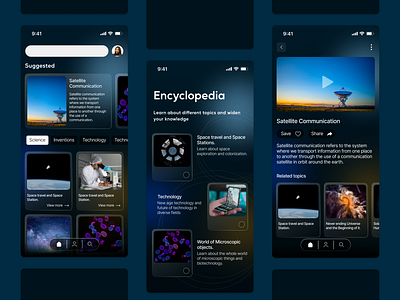 Encyclopedia App app appdesign darkmode design glassmorphism sci fi ui