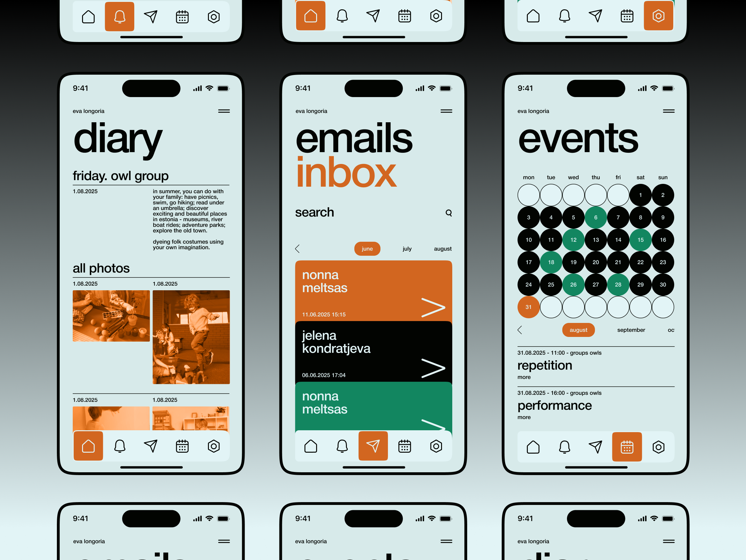 Kindergarten App: Mobile UI (Diary, Inbox, Events) app design bold typography calendar ui case study diary edtech education inbox interface ios app kindergarten mobile app mobile design mobile ui mockup orange parenting app product design ui design uiux