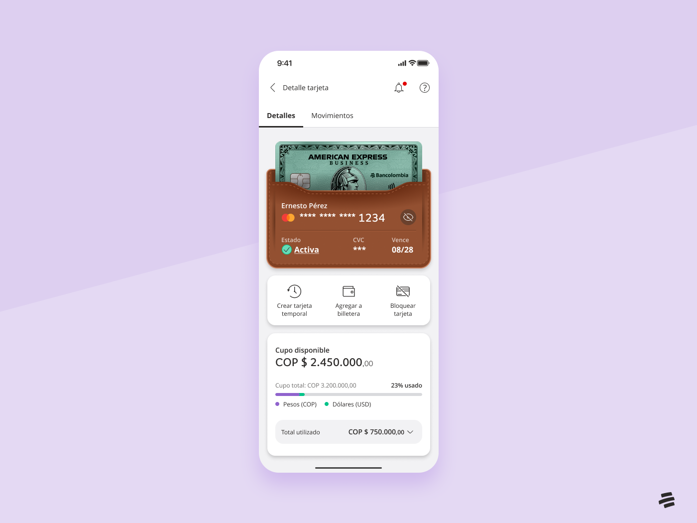 Credit Card Details — Banking App bancolombia banking app card management credit card figma finance app fintech jarmando001 mibancolombia mobile banking wallet