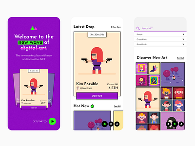 Final design — NFT marketplace app game green nft app purple retro ui