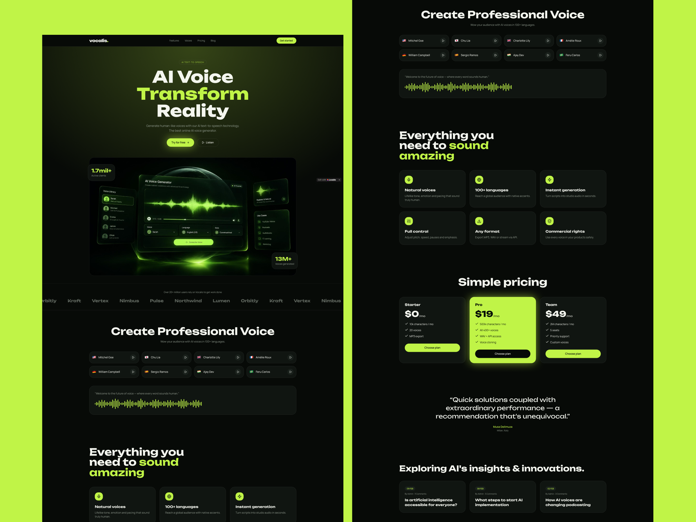 AI Voice Generator Website UI/UX Design ai ai design ai voice branding case study design system figma graphic design green landing page logo prototype transforms ui uiux web design wireframe