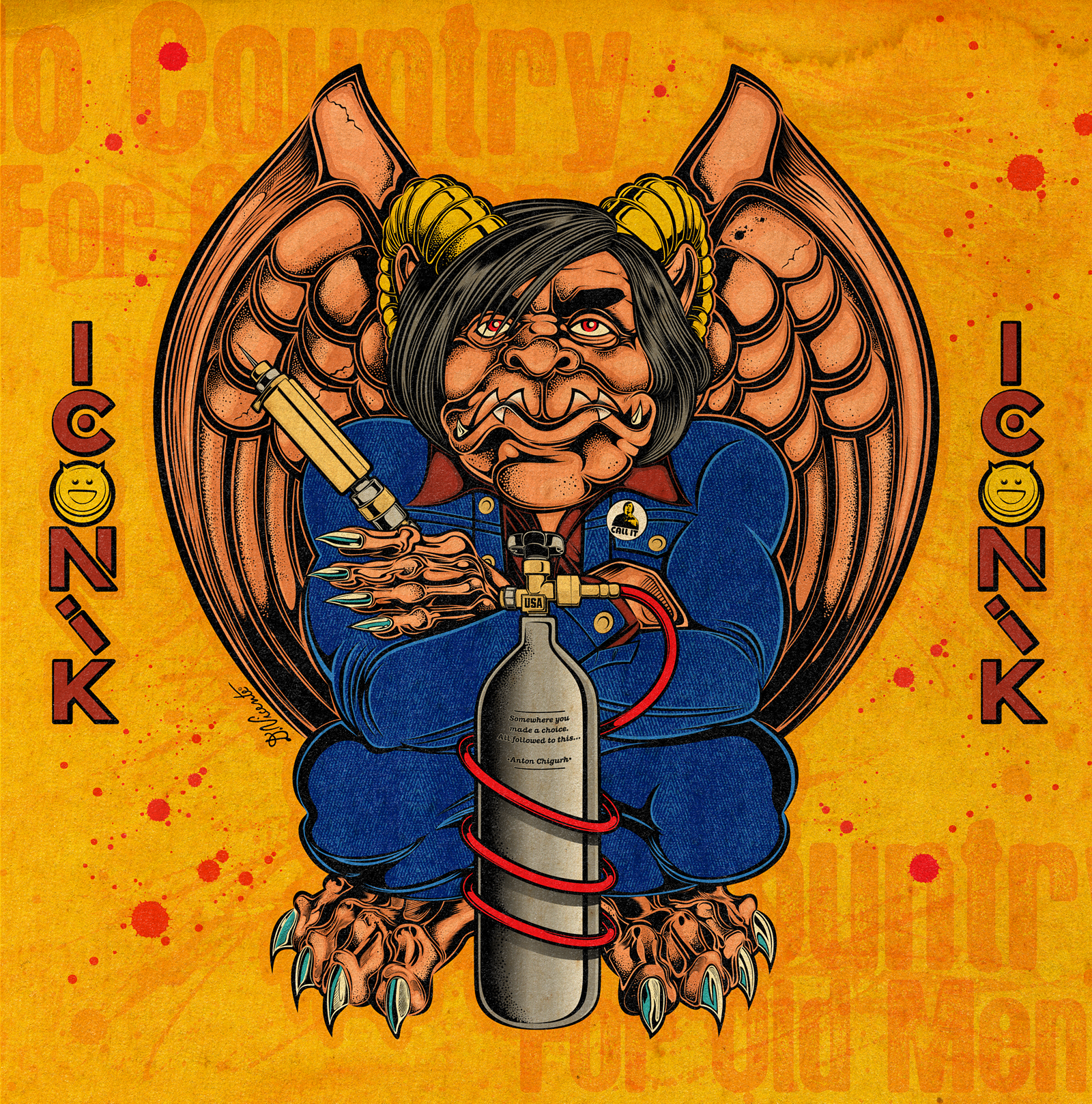 BAD DADS ICONIK #45 – ANTON CHIGURH anton chigurh bad dads captive bolt character design coen brothers creature design crime cinema cult movie gargoyle iconik illustration lowbrow art monster art movie tribute movie villain no country for old men pop culture stippling underground art vintage texture