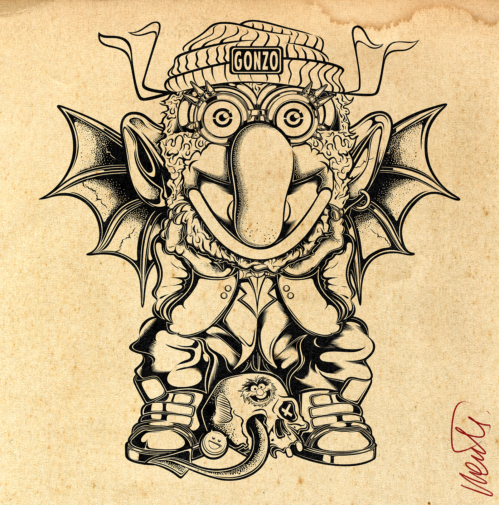 WILD CHILD DRAWING – GONZO THE GREAT INK black and white cartoon tribute character design creepy cute gargoyle gonzo gonzo the great iconik illustration ink art ink drawing linework lowbrow art monster kid muppet show muppets pop culture surreal character vintage paper wild child