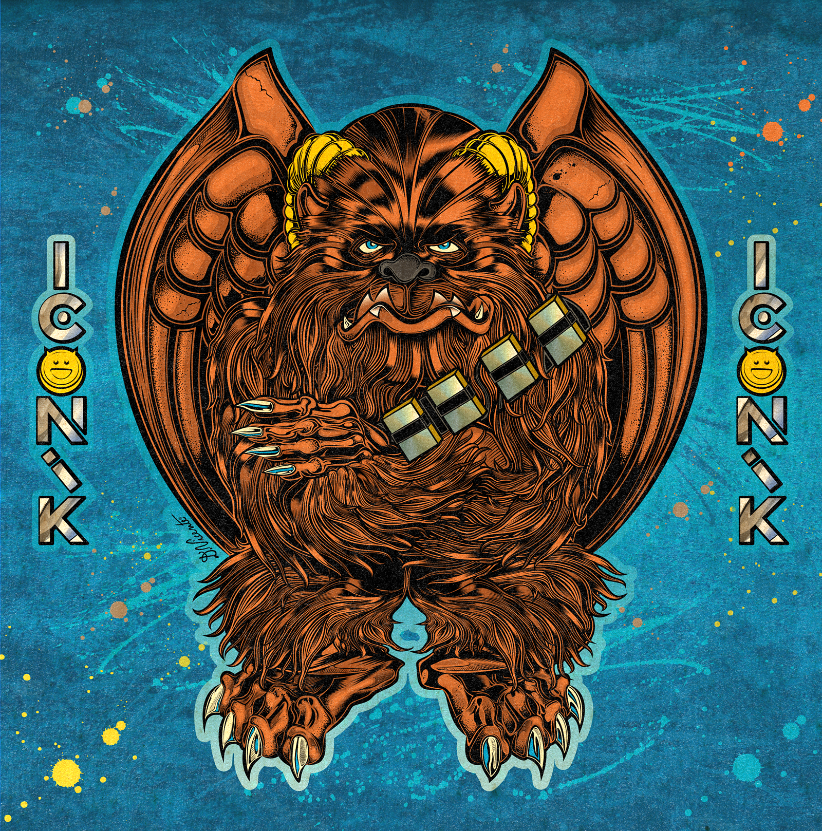 BAD DADS ICONIK #44 – CHEWBACCA bad dads character design chewbacca creature cult character dark fantasy fan art furry character gargoyle iconik illustration lowbrow art monster pop culture poster art sci fi star wars stippling textured illustration wookiee