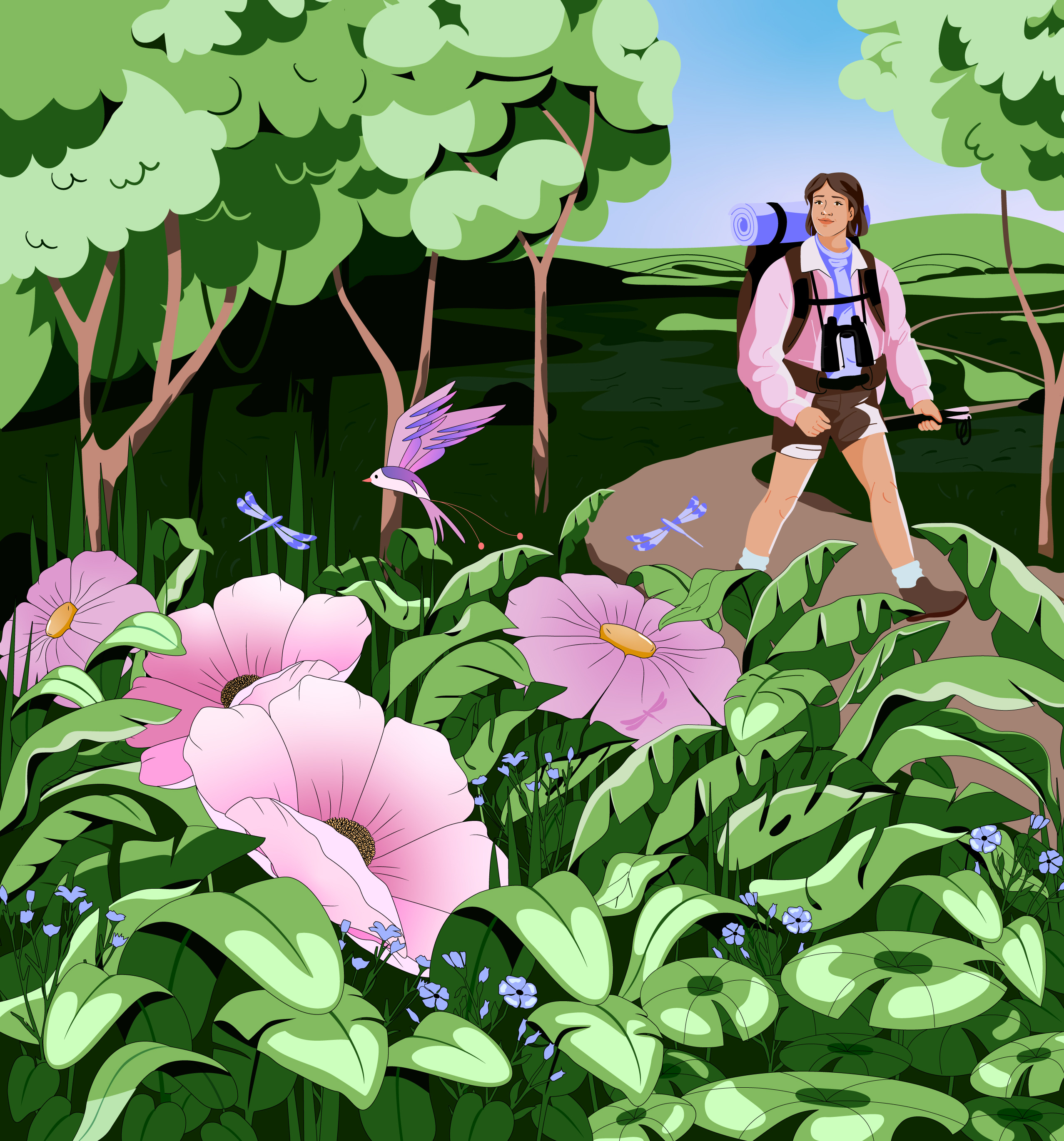 Lush green bird character design flower graphic hike illustration landscape nature pastel tree vector woman