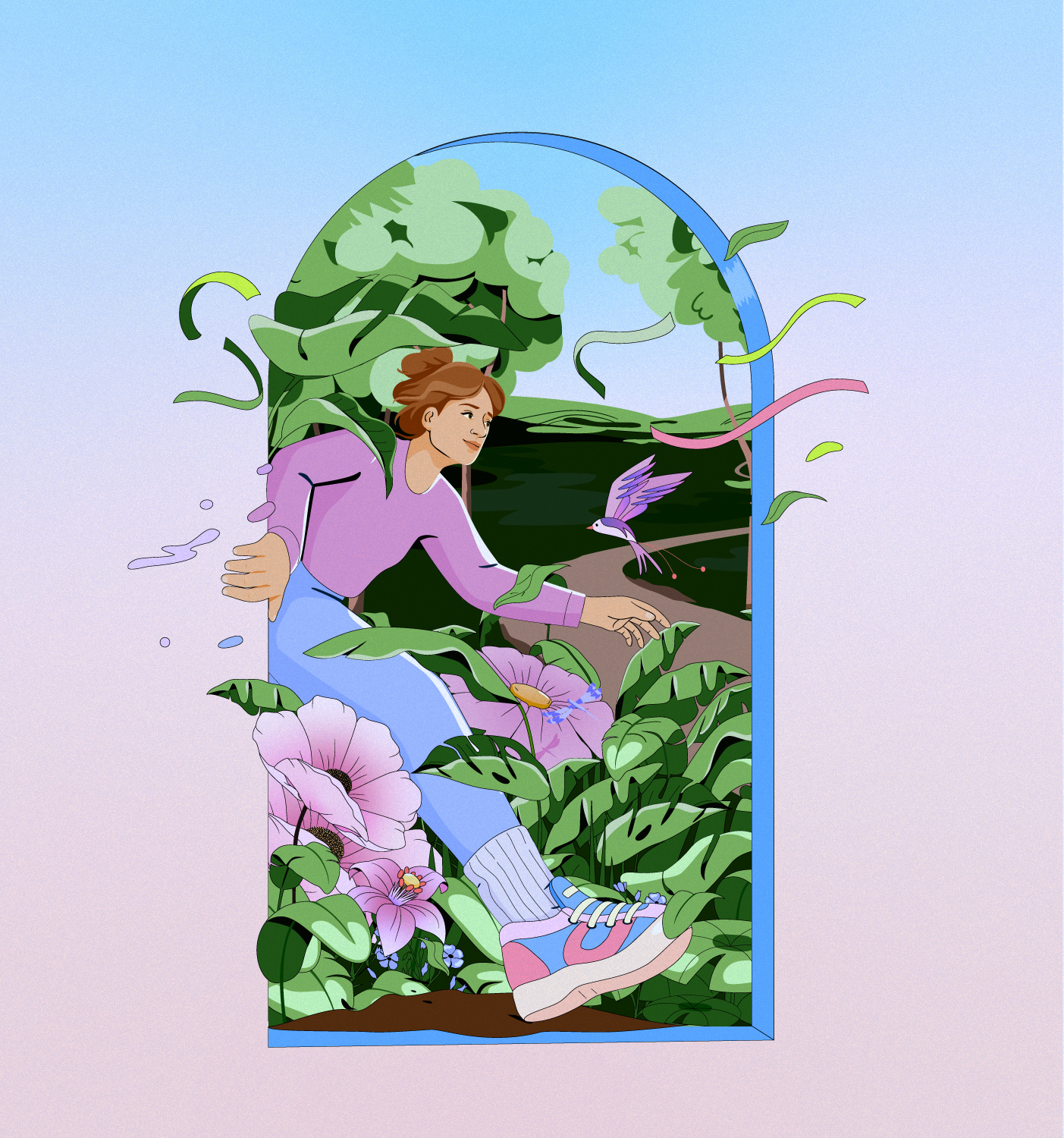 Blooming bird character design flower graphic illustration landscape nature pastel tree vector woman