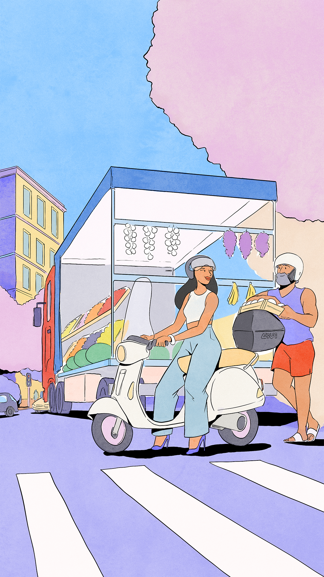 Fruit shopping colour design drawing illustration paris style