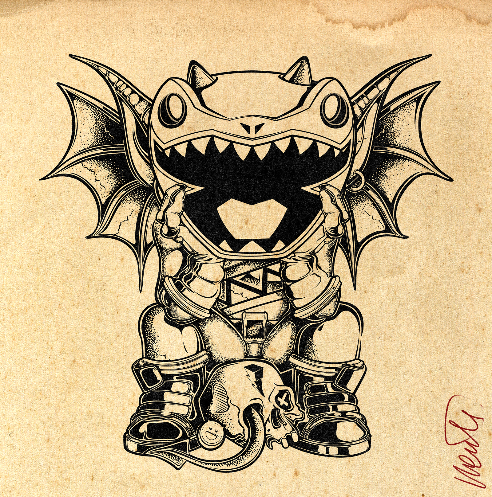 WILD CHILD DRAWING – GREEN RANGER INK aged paper black and white art character tribute collectible art dragon helmet gargoyle green ranger hatching illustration ink edition lowbrow art mighty morphin power rangers monster design pop culture art power rangers retro comic art stippling tommy oliver underground art wild child
