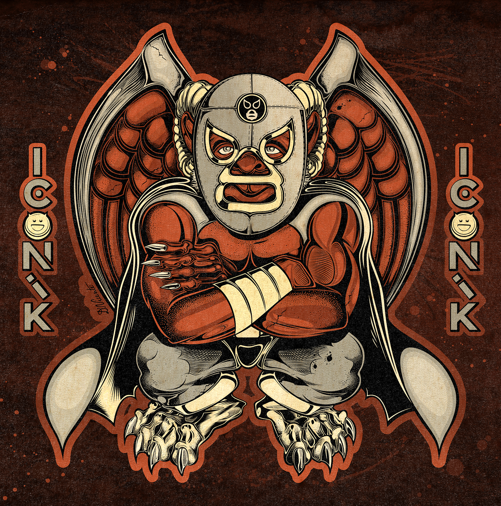 BAD DADS ICONIK #43 – EL SANTO bad dads character design creature design cult icon el santo gargoyle iconik illustration lowbrow art lucha libre luchador mexican cinema mexican wrestling monster art pop culture silver mask stippling vintage poster wrestling art wrestling legend