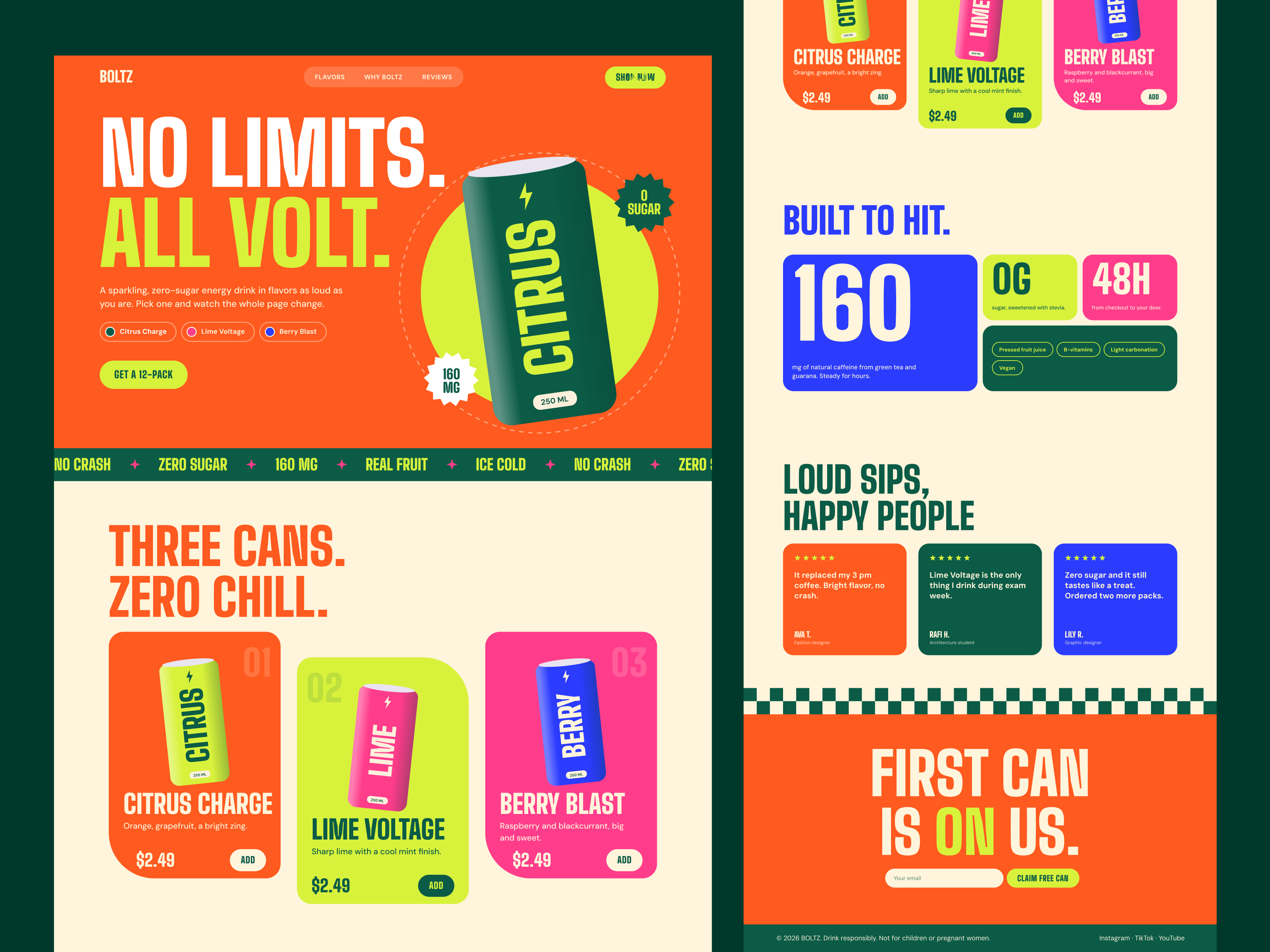 BOLTZ — Bold Energy Drink Landing Page Design beverage branding ecommerce energy drink figma graphic design landing page logo packaging design product design typography ui ui design ui ux ux visual design web design web ui website design