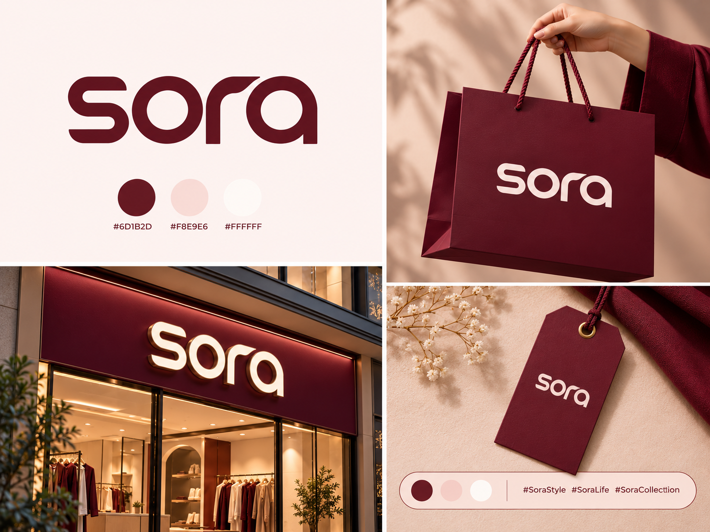 Sora – Premium Fashion Brand Identity & Logo Design | Unused apparel branding boutique logo burgundy branding clothing brand identity elegant logo fashion logo luxury fashion branding minimalist wordmark modern fashion logo premium logo design retail branding shopping bag mockup unused logo for sale