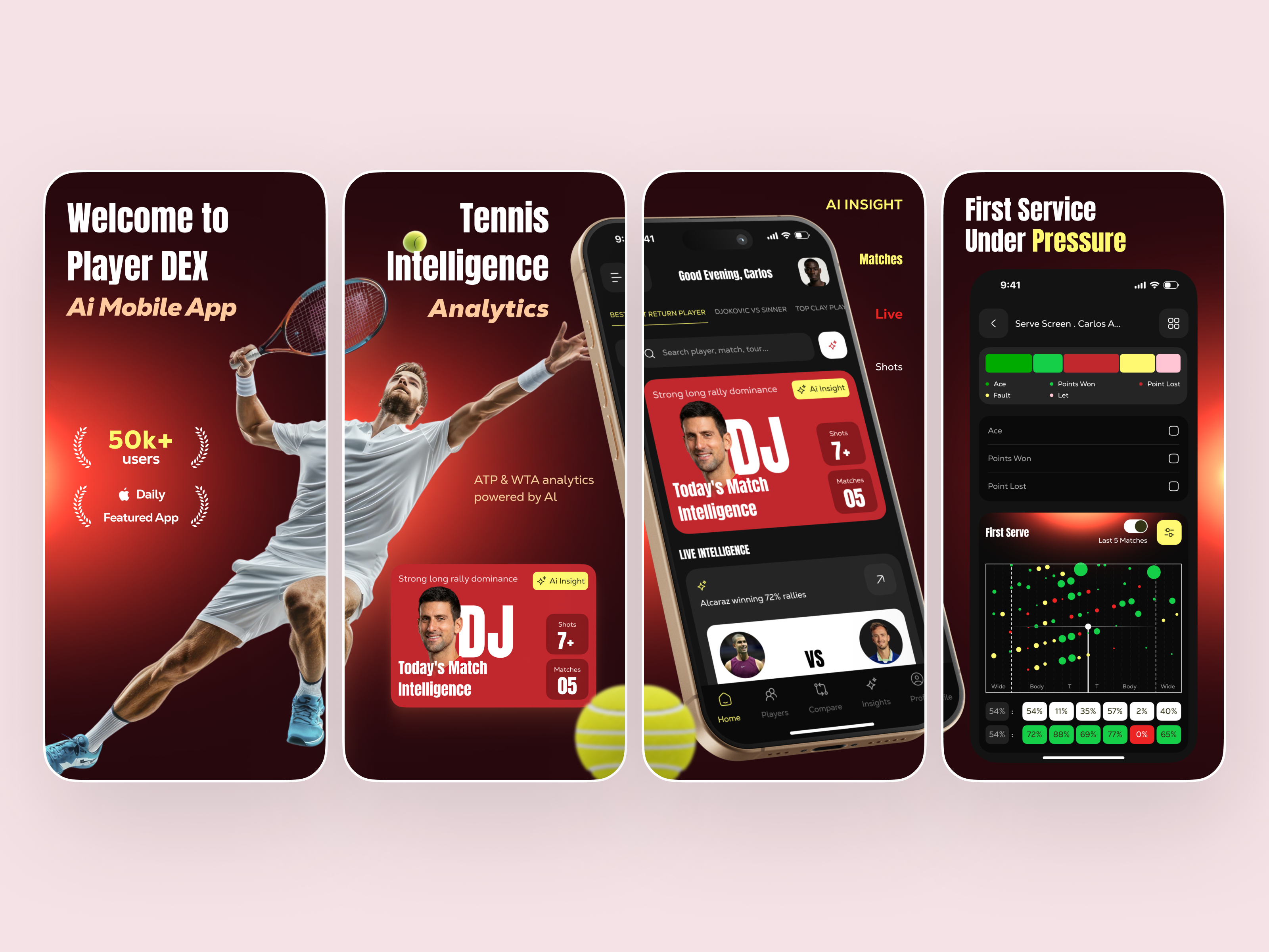 App Store Screenshots - Tennis Analytics & AI Match Insights ai sports app app marketing design app screenshots redesign app store screenshots aso design match intelligence mobile app sports analytics sports tech tennis app ui ux design