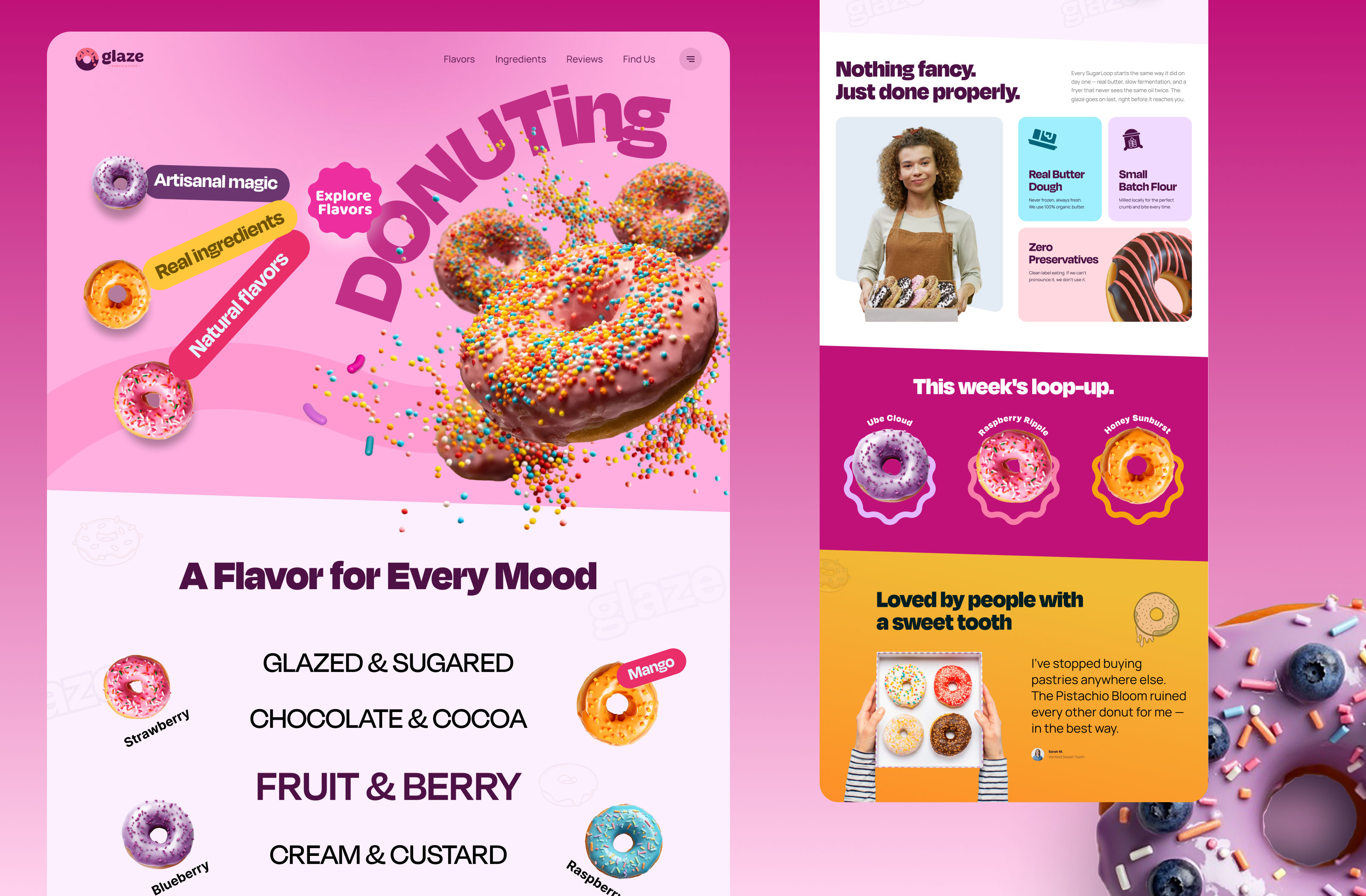 Donut Shop Landing Page Design | Colorful Bakery Website Design bakery landing page bakery website colorful website dessert brand dessert shop website donut ecommerce website donut landing page donut shop website donut website ecommerce website food and beverage website food ecommerce food website design landing page pastry store playful ui design playful visual storytelling playful website design ui ux design website