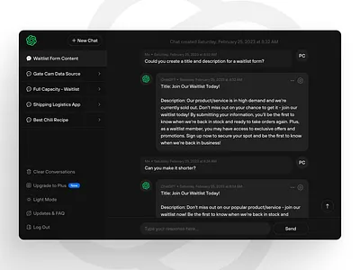 ChatGPT Reskin ai artificial artificial intelligence chat chatbot chatgpt dark dark mode design elon musk intelligence message messaging minimal openai robot support ticket ui ux