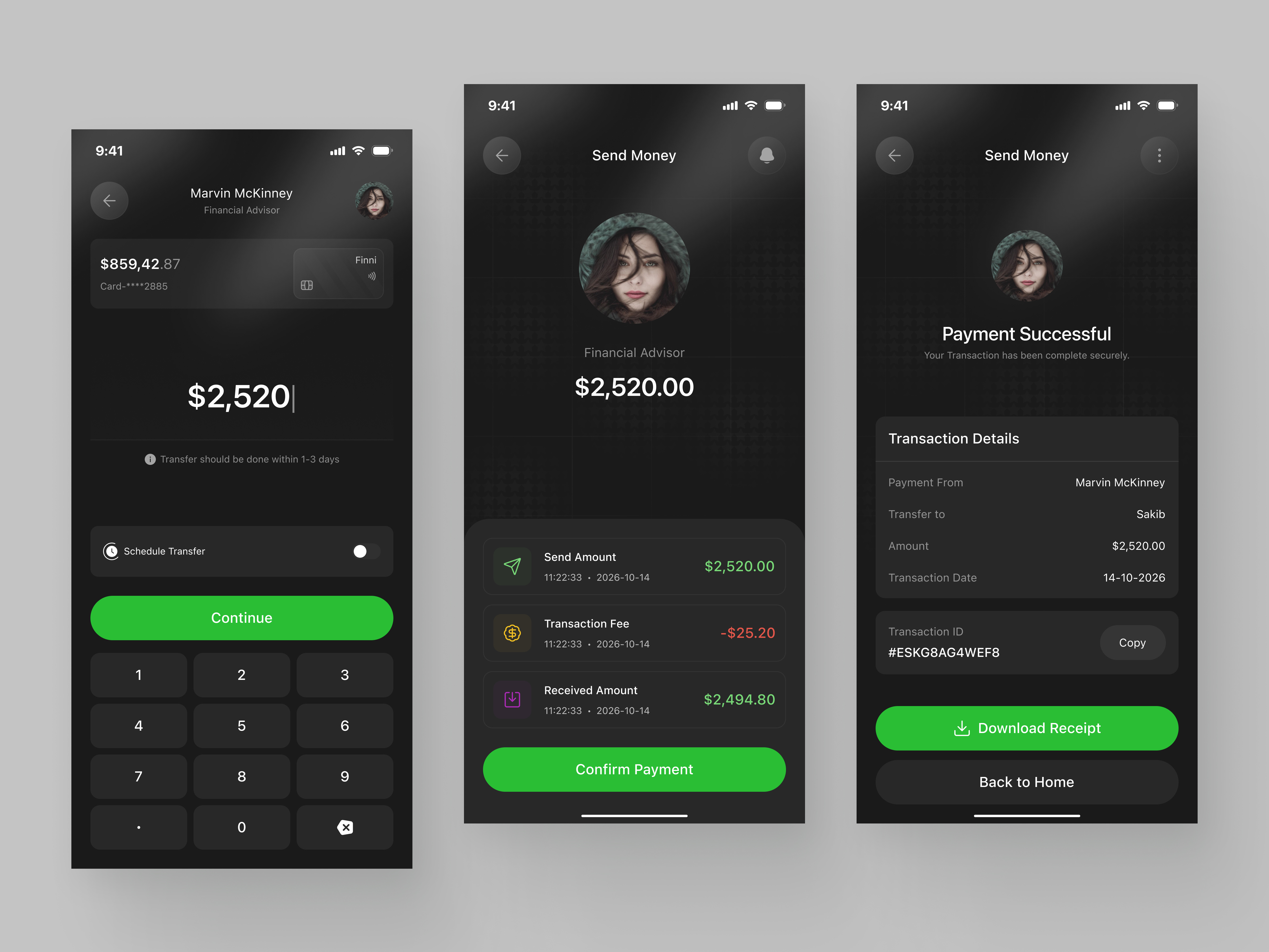 Fintech Payment App — Seamless Money Transfer app design banking app dark mode ui digital wallet dribbble finance app financial technology fintech fintech app minimal ui mobile app design mobile banking modern ui money transfer payment app payment gateway transaction ui ui design ui ux design ux design