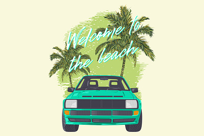 Green car on the beach with palm trees in the background beach design graphic design green car illustration palm tree poster retro car vector