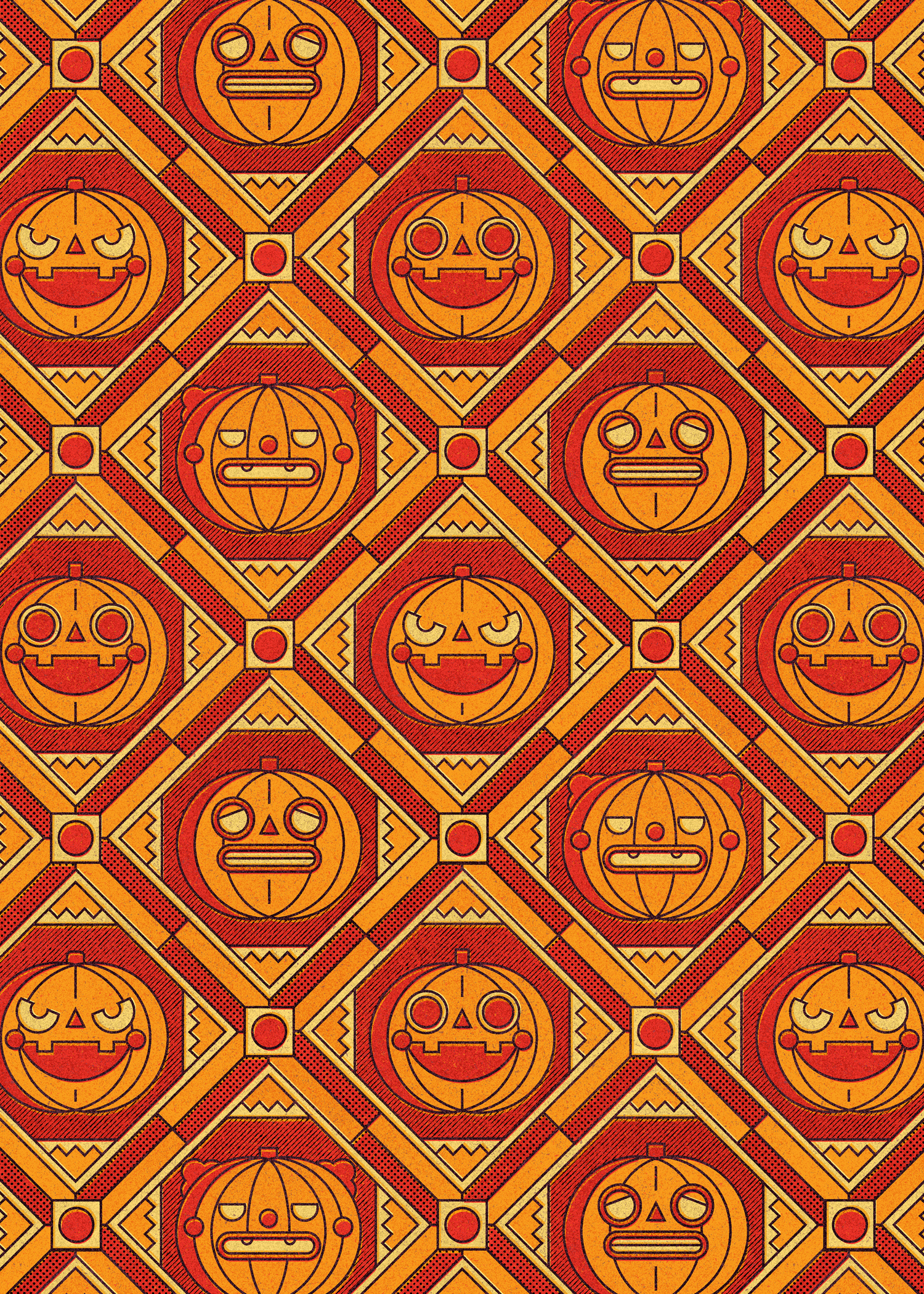 Halloween Pattern #5 graphic design halloween illustration jack o lantern monsters orange pattern pumpkin texture vintage