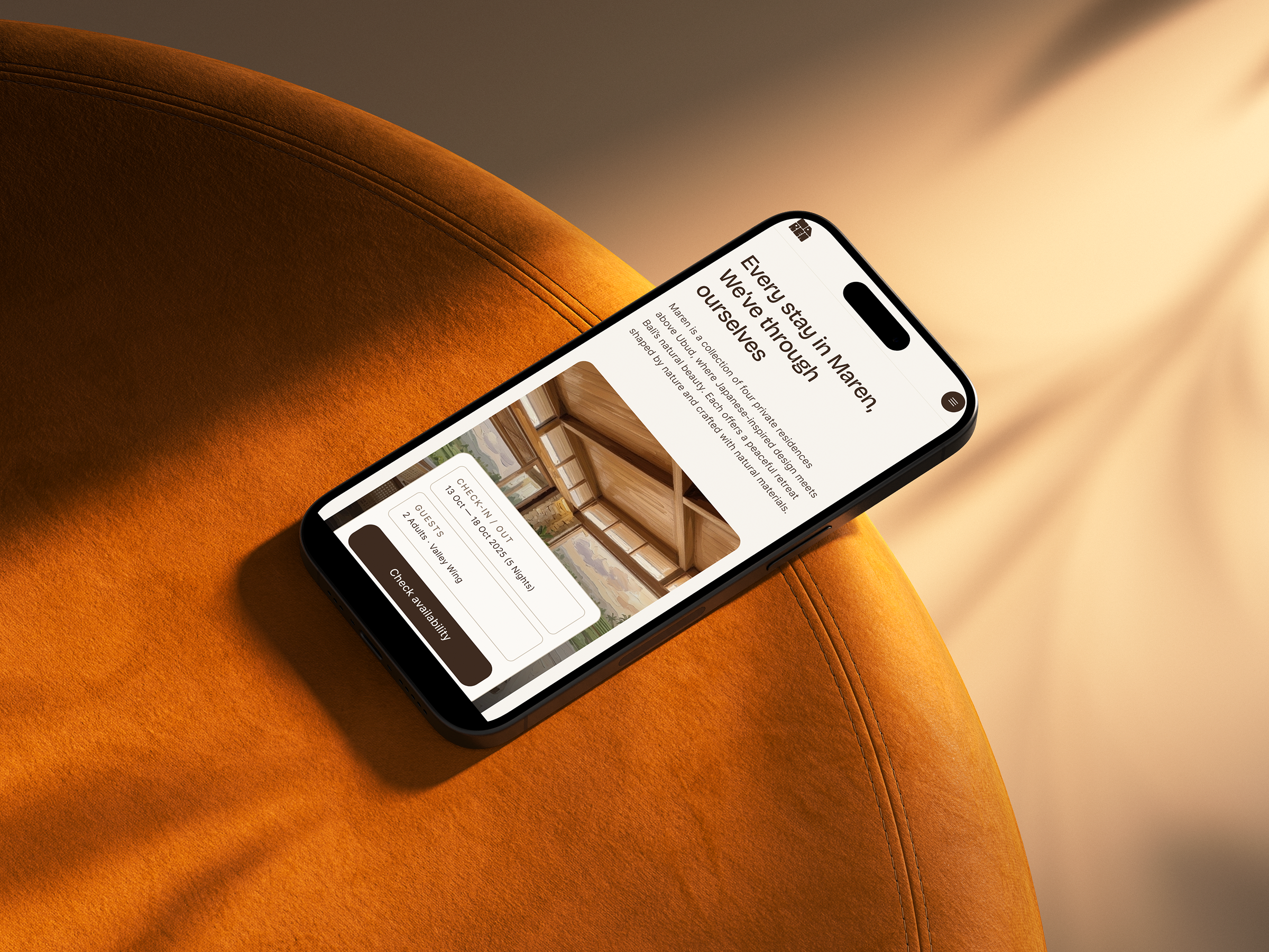 Maren: Hotel Website Mobile Responsive Design bali booking boutique hotel earthy hospitality hotel website landing page luxury minimal mobile app ui mobile design resort responsive design slow travel travel ui design ux design warm colors website design