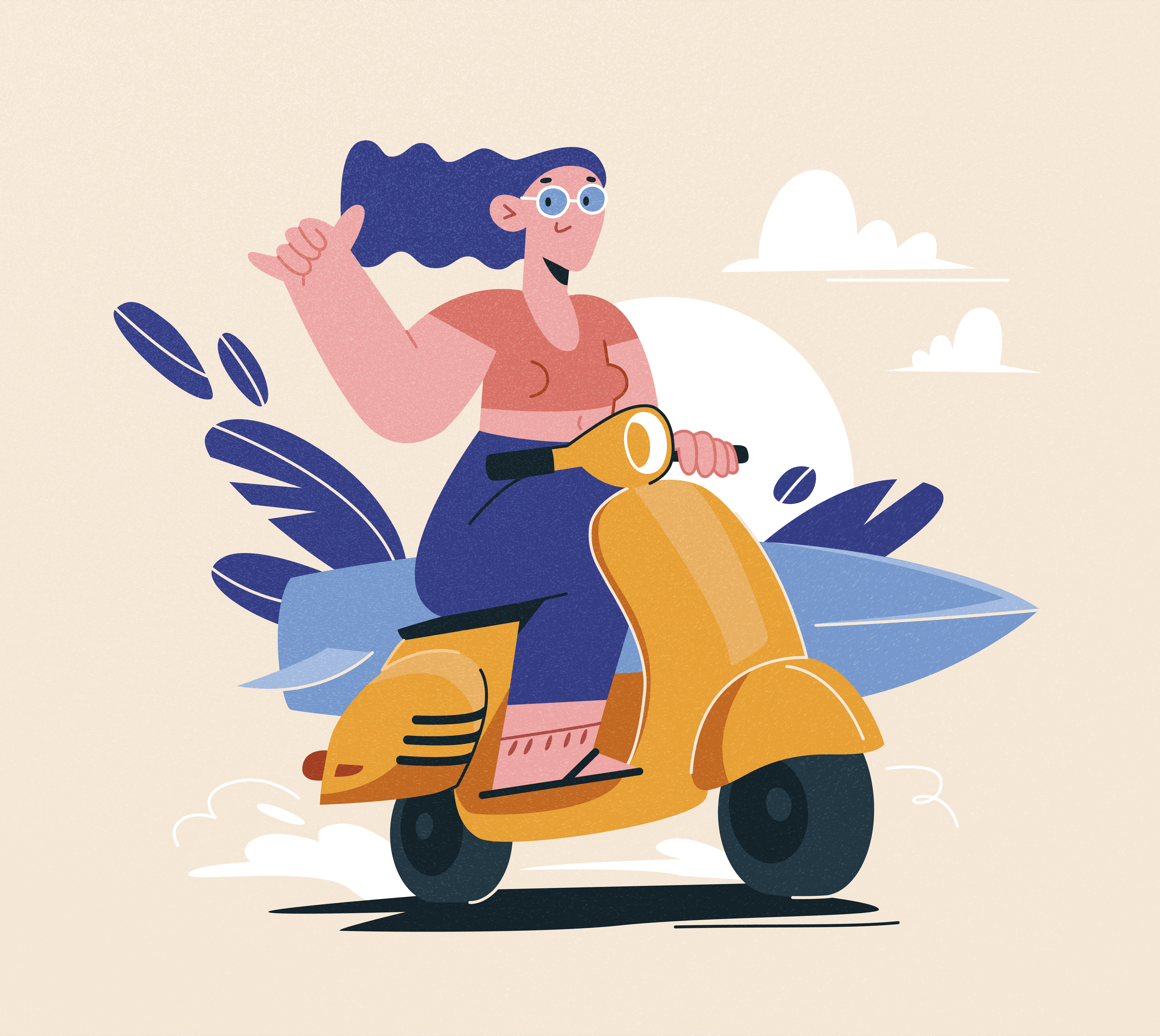 Aloha adobe illustrator aloha character dribbble girl glasses hawaii illustration scooter sun texture ui vector yellow