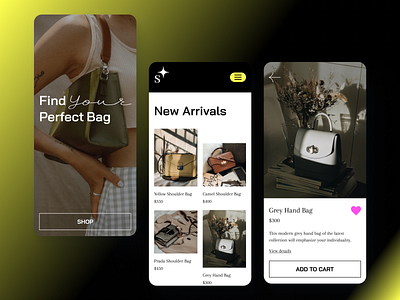 Mobile E-Commerce App app application bags concept design e commerce fashion store figma mobile new arrivals product card shopping store ui ui design ux ux design