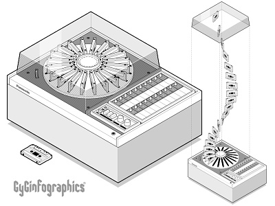 Retro Carousel Player (1972) 70s blueprints carousel casette cassette device isometric isometric art line art music music player oldies pioner retro tech technical drawing technical graphics technical illustration technology vector graphics