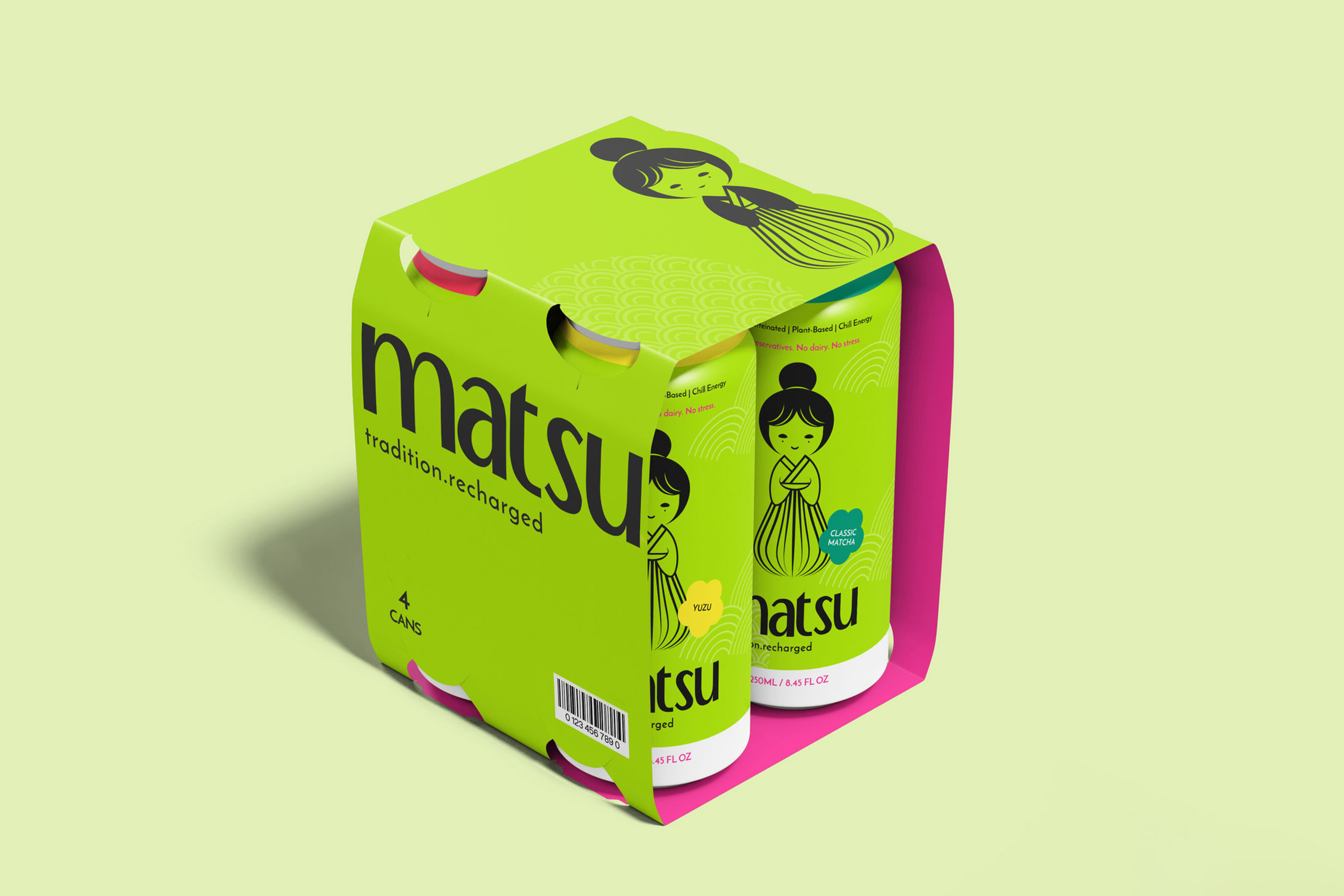 Matsu - Matcha Drink 4-Pack Packaging Design art direction beverage branding brand applications brand identity brand system branding design business card design character illustration creative direction graphic design japanese inspired design matcha brand matcha branding matcha drink matsu merchandise design stationery design tote bag design typography visual identity