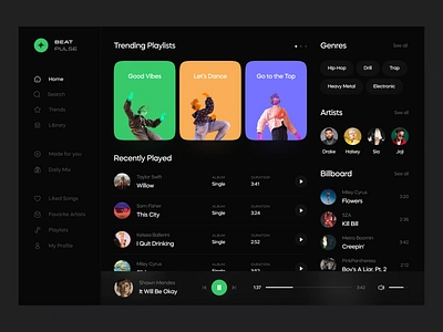 Beatpulse - Music Platform 3d app application branding dark dashboard design illustration landing landingpage minimal motion graphics music music stream play spotify ui web web ui website