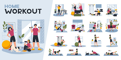 Home workout set flat gym interiors home illustration people vector workout