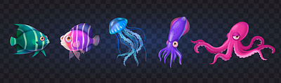 Underwater fish icons set cartoon fish illustration realistic underwater vector